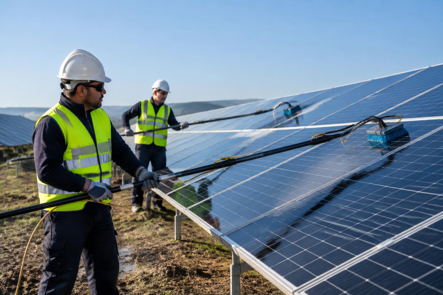 Trabajadores limpiando paneles solares con pértigas extensibles